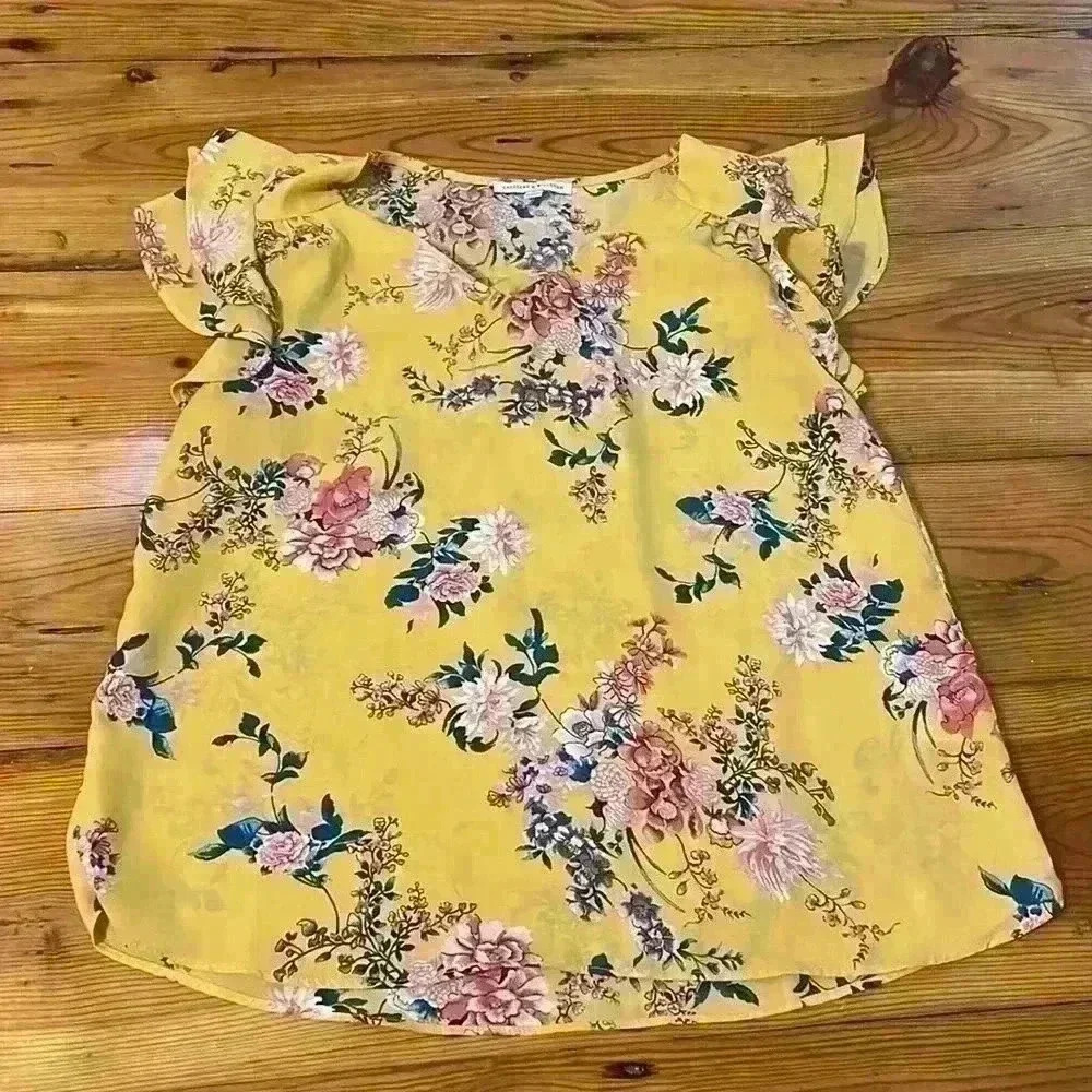 3 Short Sleeve Floral Pink & Yellow Business Casual Work Blouse Tops Size Medium - Picture 5 of 10